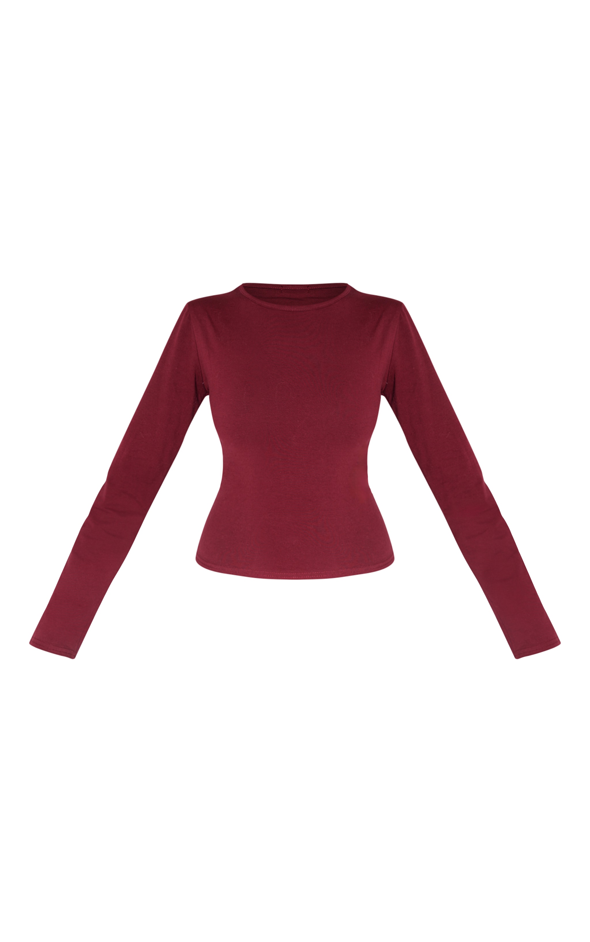 Burgundy Cotton Crew Neck Long Sleeve Fitted T Shirt image 5