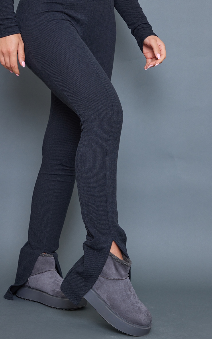 Black Crinkle Rib Split Hem Detail Leggings image 4
