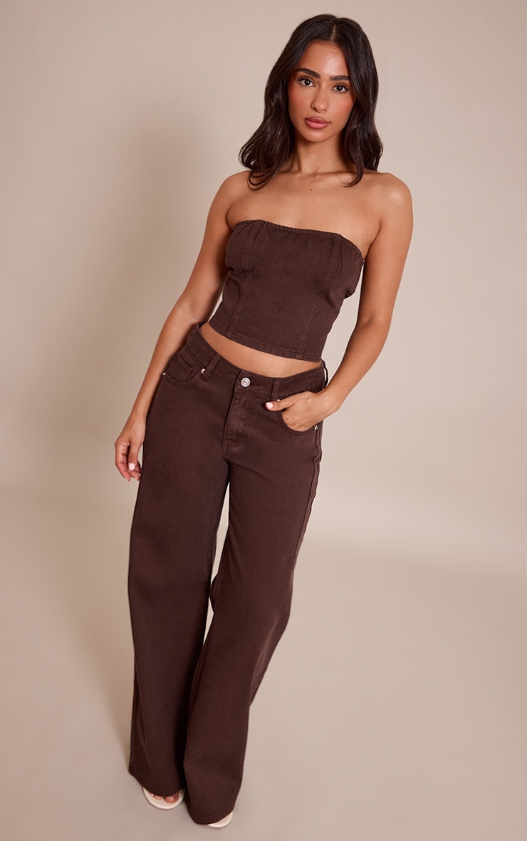 Petite Chocolate Seam Detail Denim Bandeau Top image 3