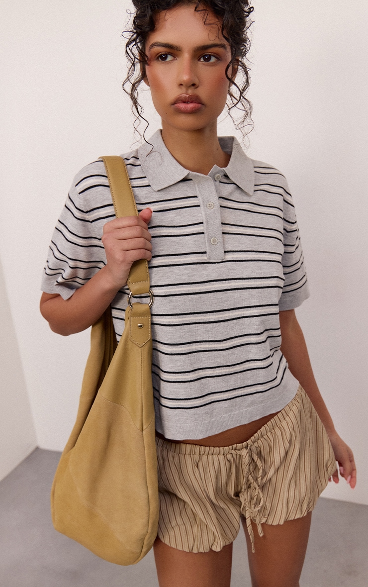 Grey Short Sleeve Striped Knitted Polo