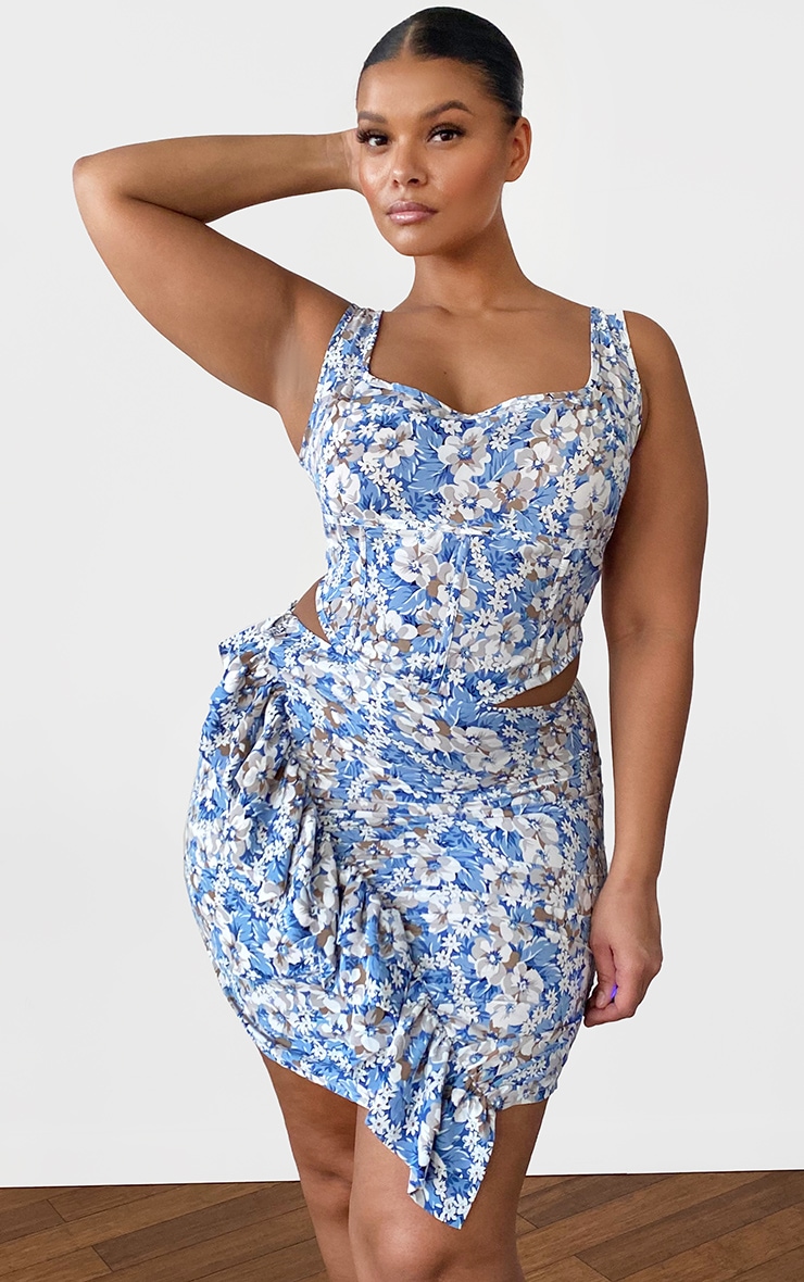 Plus Dusty Blue Floral Seam Detailed Crop Top