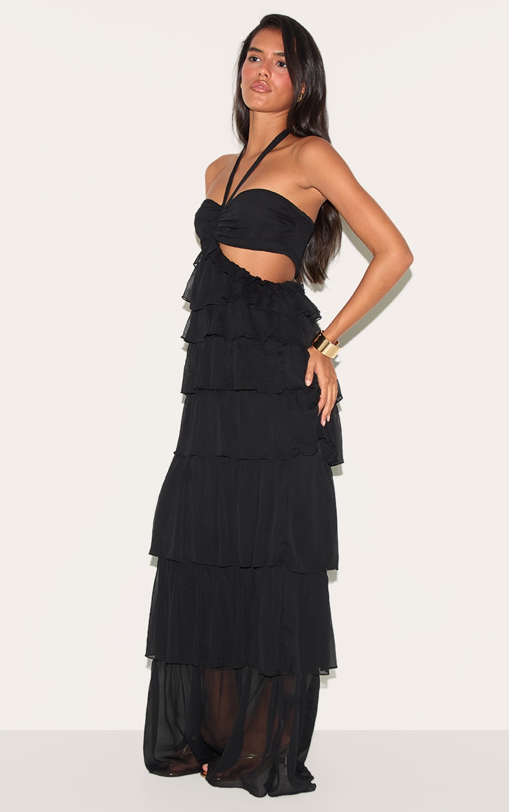 Black Ruched Bust Frill Tiered Maxi Dress image 3