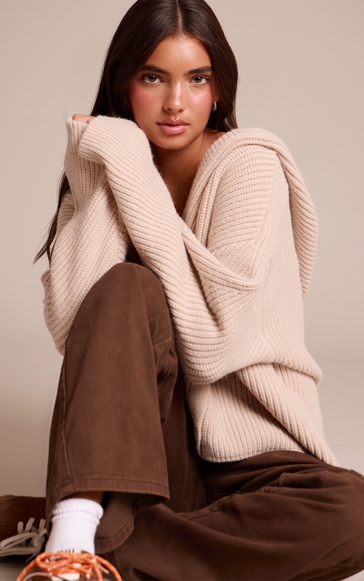 Beige Thick Knit Oversized Button Through Cardigan image 4