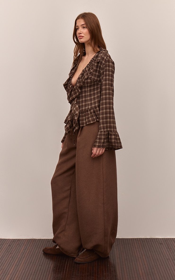 Brown Check Print Ruffle Blouse image 3