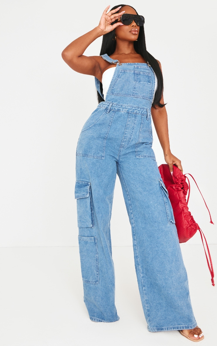 Shape Mid Blue Wash Denim Cargo Pocket Dungarees image 3