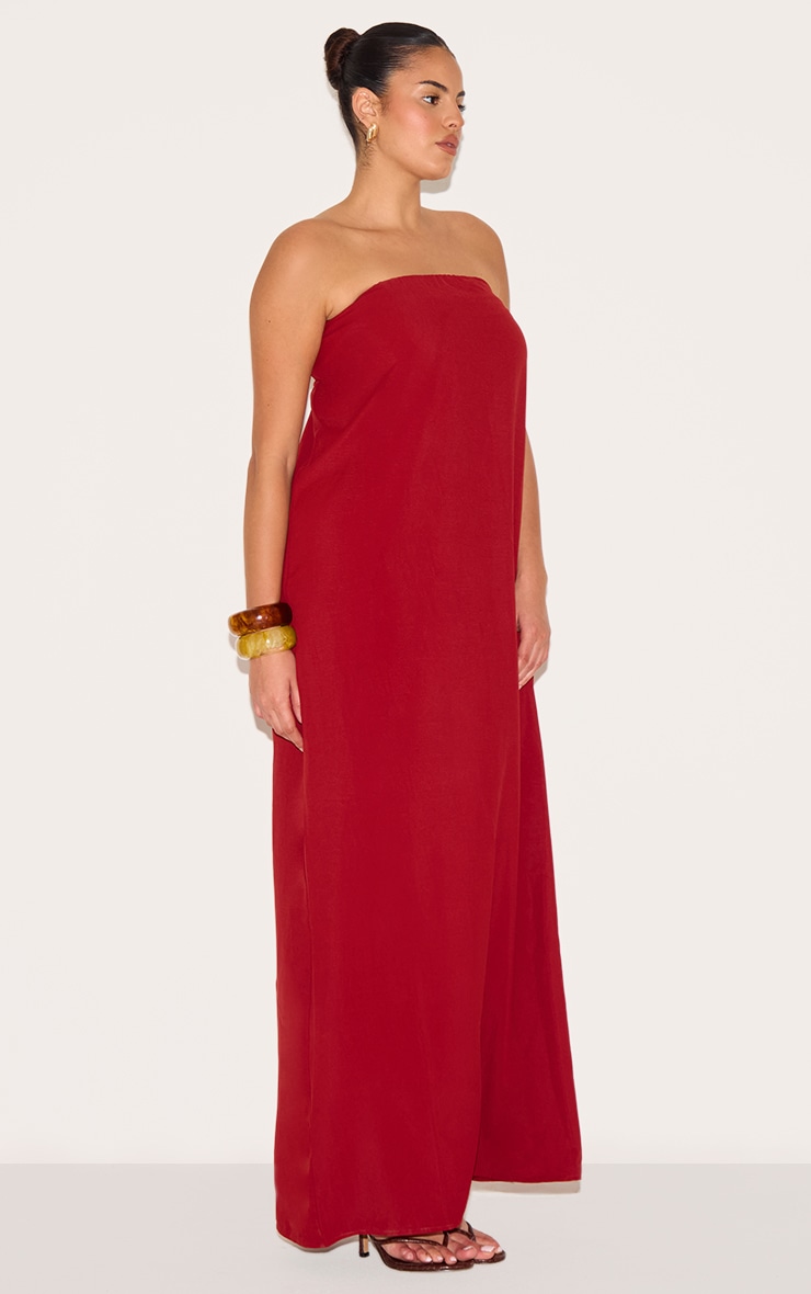 Plus Deep Red Floaty Woven Bandeau Maxi Dress image 3
