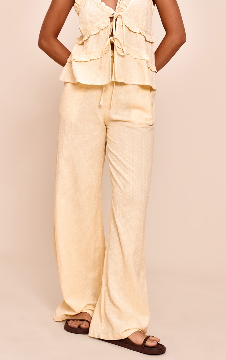 Butter Yellow Textured Mid Rise Wide Leg Pants image 2