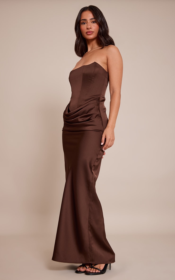 Petite Chocolate Drape Waist Satin Maxi Dress image 3