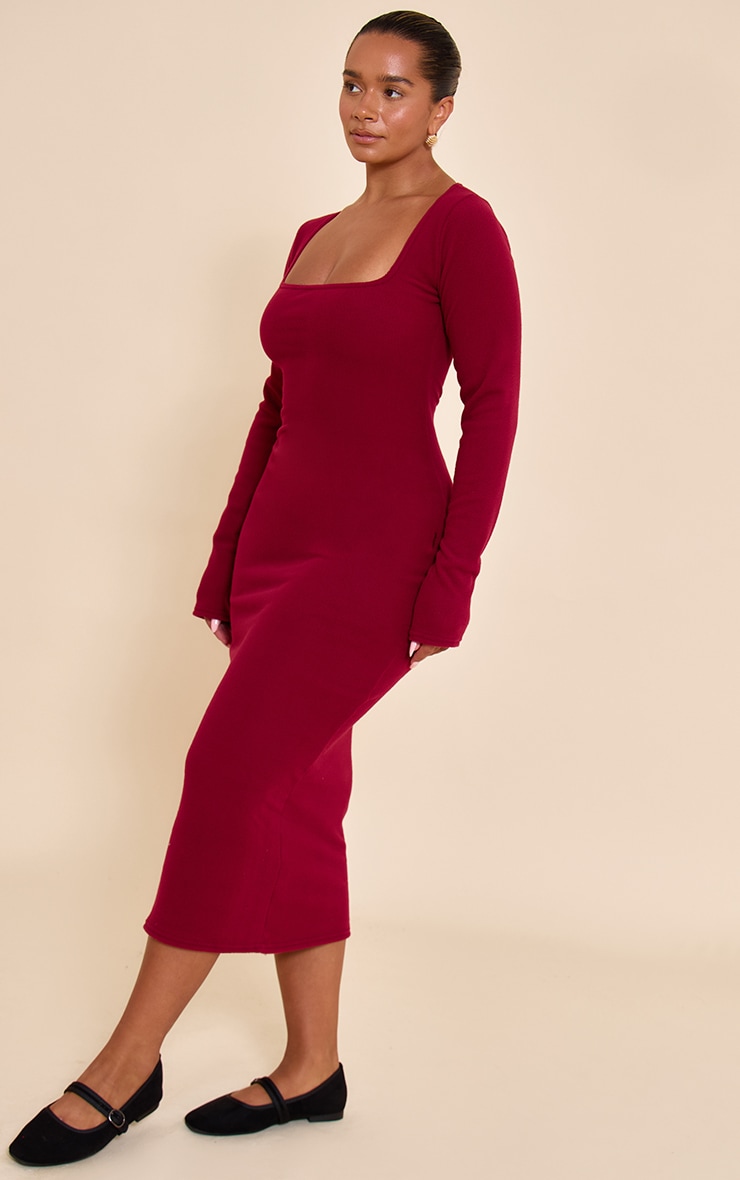 Shape Burgundy Micro Rib Square Neck Long Sleeve Maxi Dress image 3