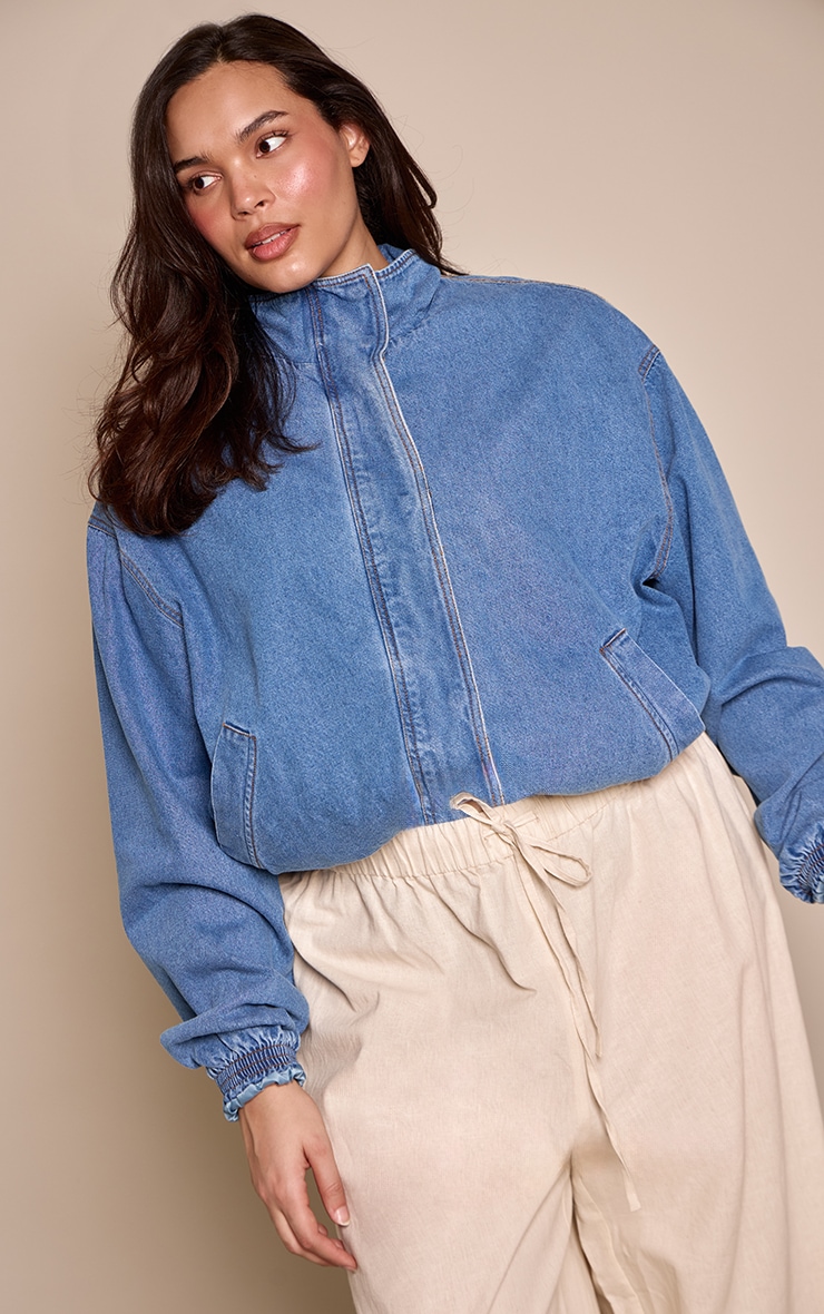 Plus Funnel Neck Concealed Placket Denim Jacket