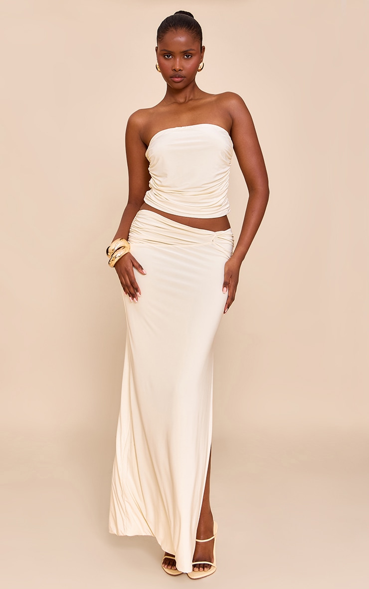 Almond Double Layer Slinky Twist Detail Maxi Skirt image 1