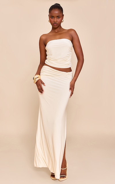 Almond Double Layer Slinky Twist Detail Maxi Skirt