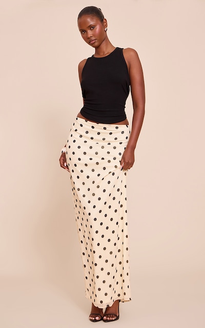 Cream Polka Dot Print Chiffon Maxi Skirt