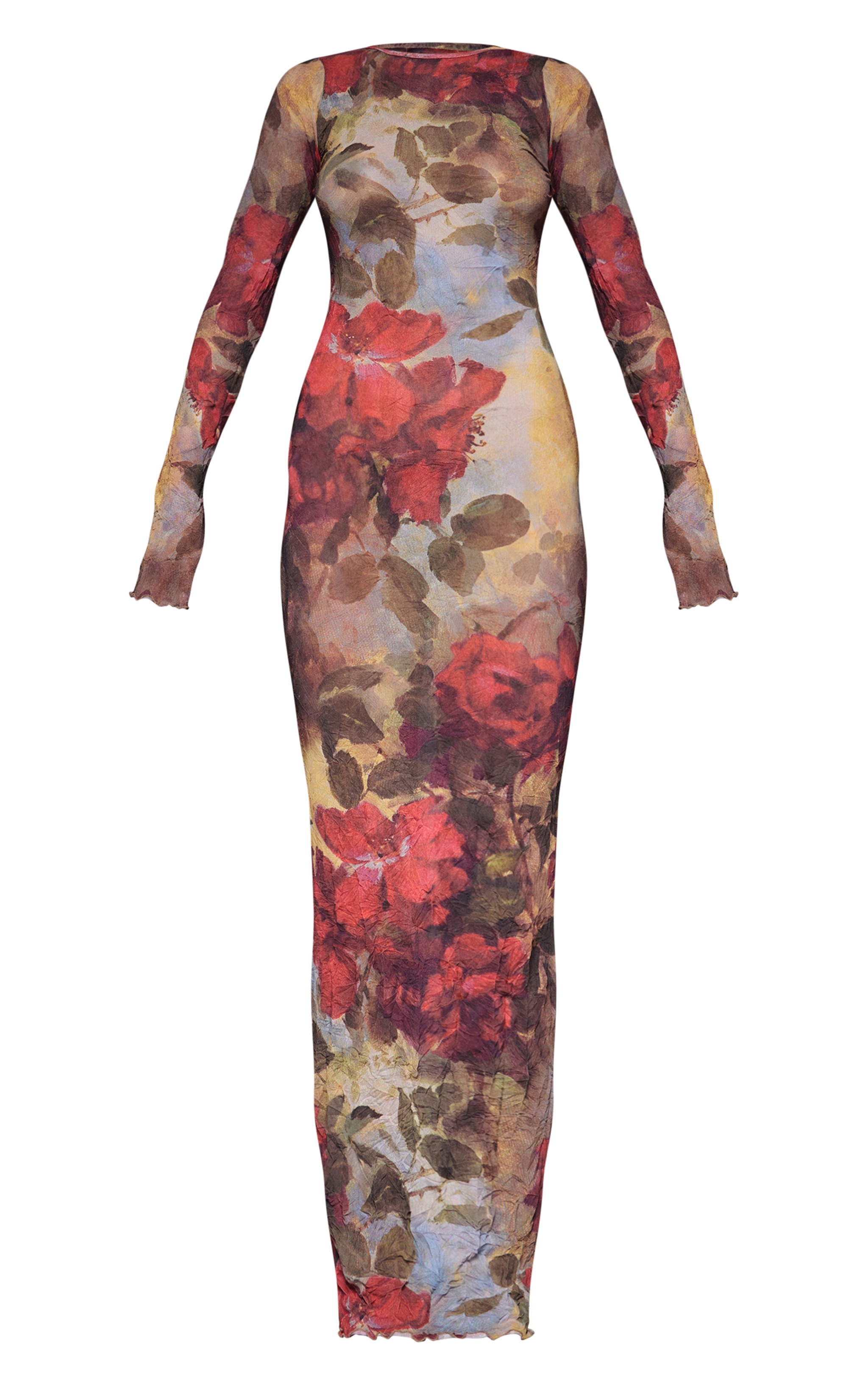 Dark Green Abstract Print Crinkle Mesh Midaxi Dress PrettyLittleThing