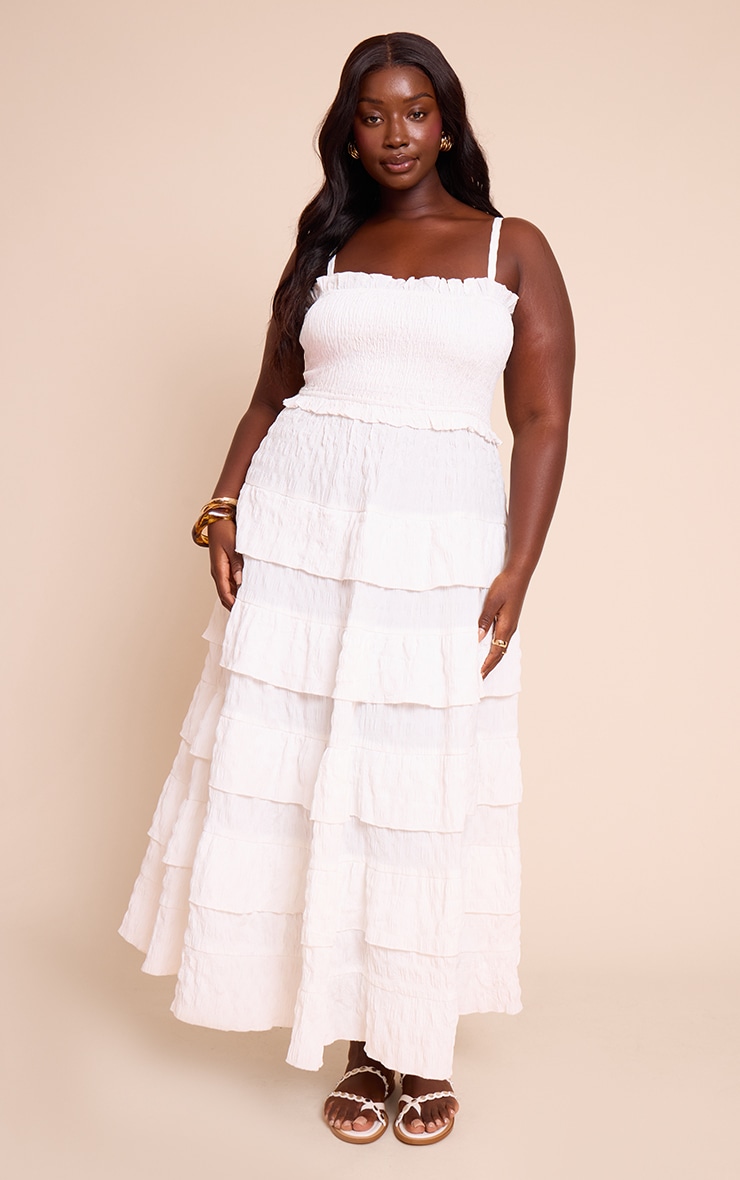 Plus White Textured Shirred Tiered Maxi Dress image 1