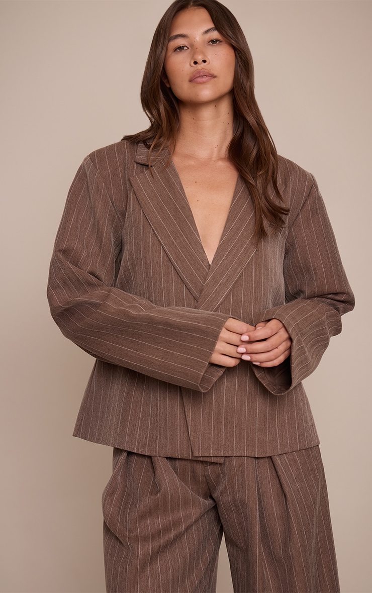 Chocolate Brown Pinstripe Boxy Blazer image 1