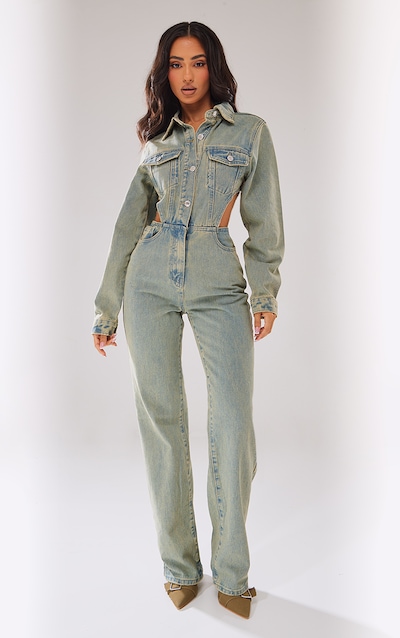 Petite Vintage Wash Denim Cut Out Waist Jumpsuit