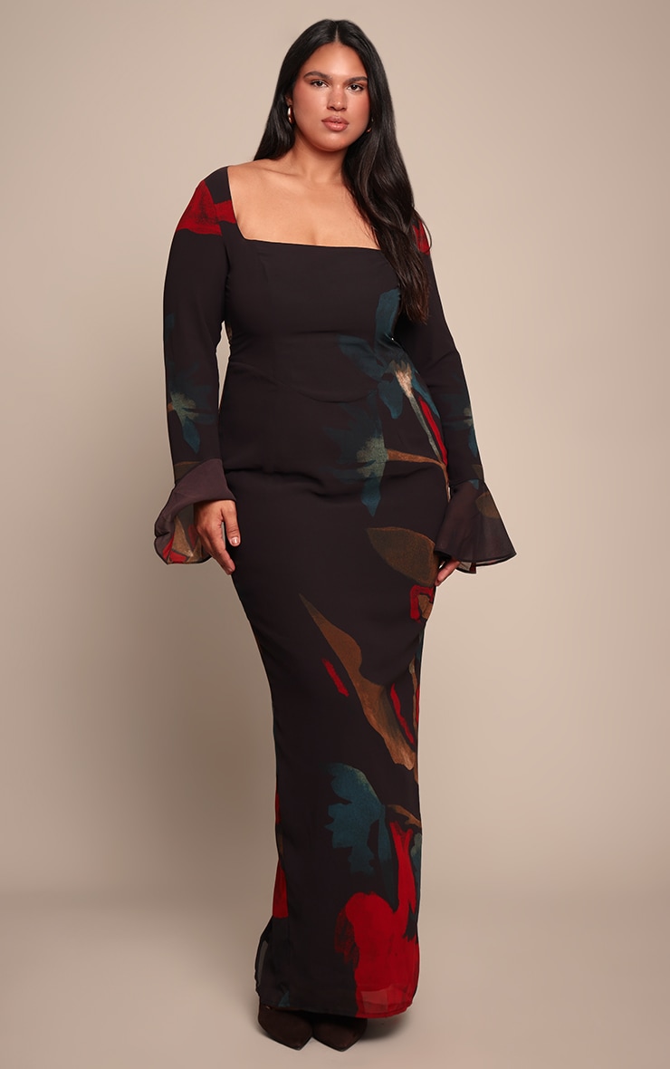 Plus Black Floral Print Chiffon Flute Sleeve Maxi Dress image 1