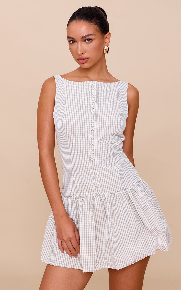 Taupe Checked Scoop Back Button Down Shift Dress image 1