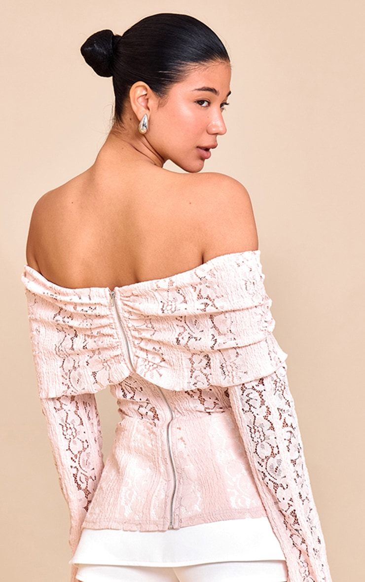 Pale Pink Fitted Lace Flared Sleeve Bardot Top image 2