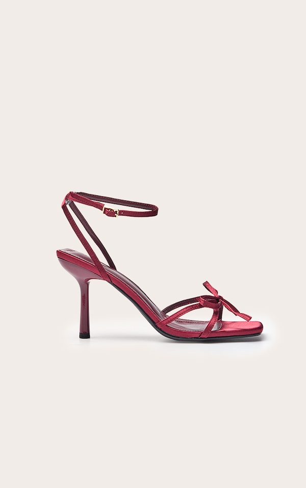 Plum Satin Bow Detail Open Toe Heeled Sandal