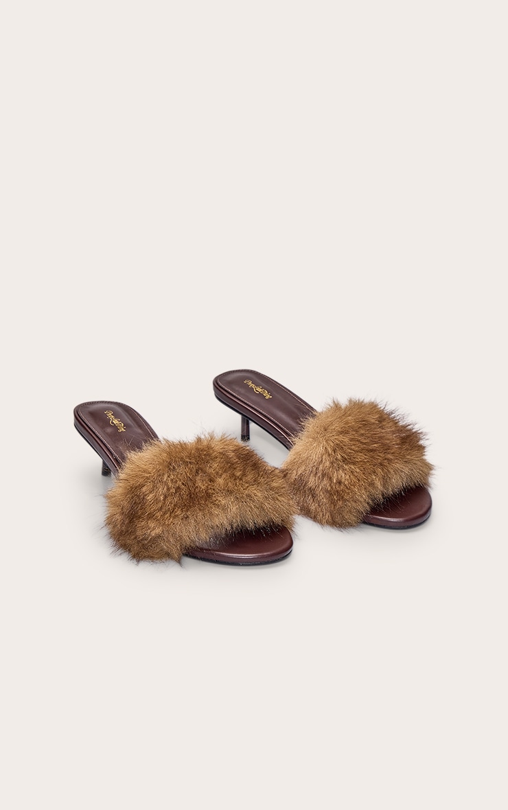Chocolate Faux Fur Round Toe Kitten Mules image 3