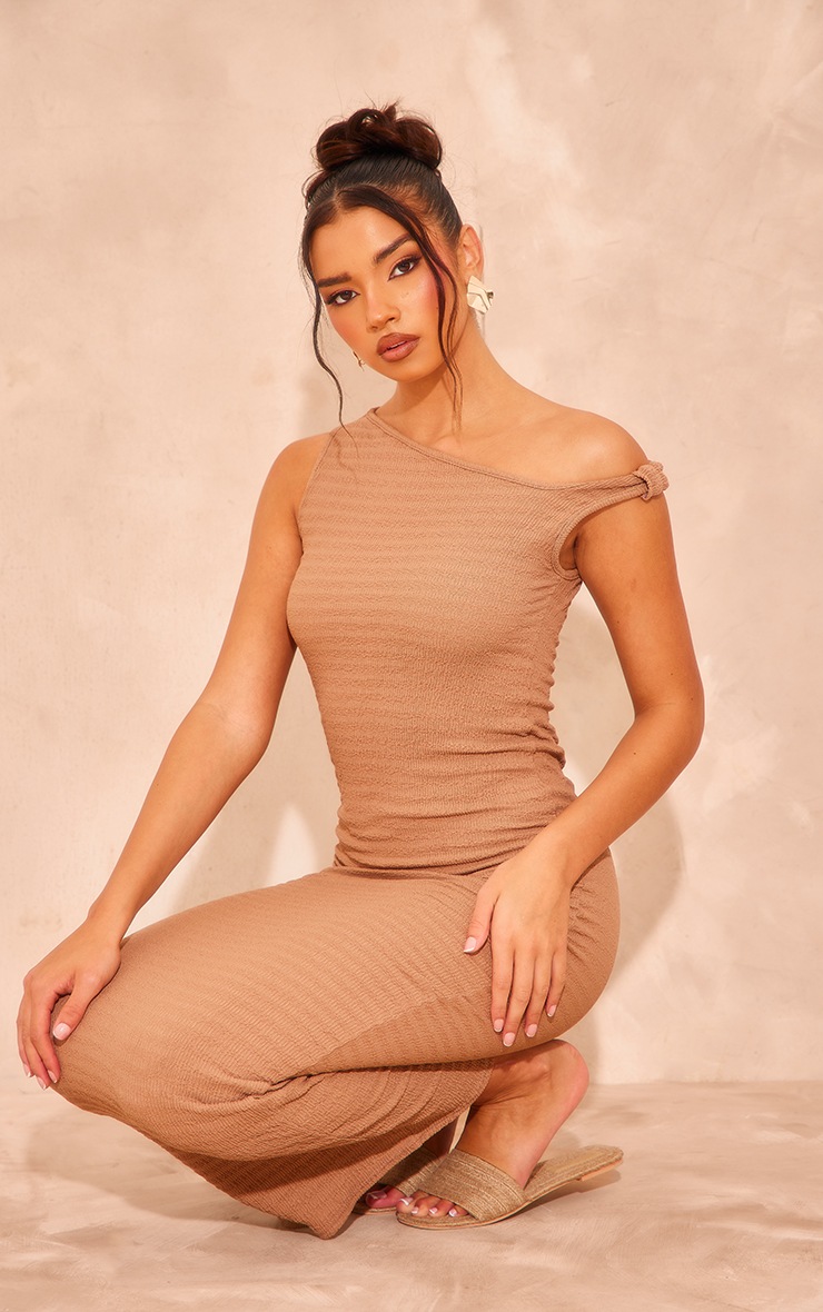 Camel Textured Asymmetric Knot Midaxi Dress image 1