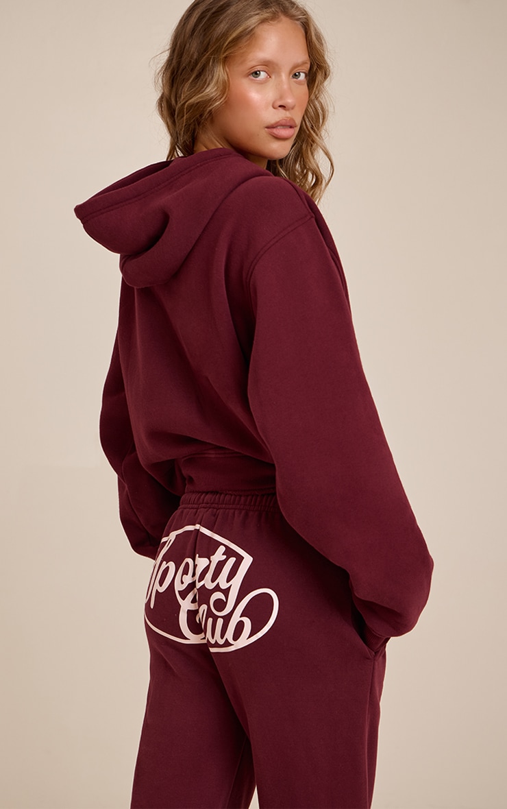Hoodie oversize en coton polaire rouge vin imprimé "Sports Club" à zip image 2