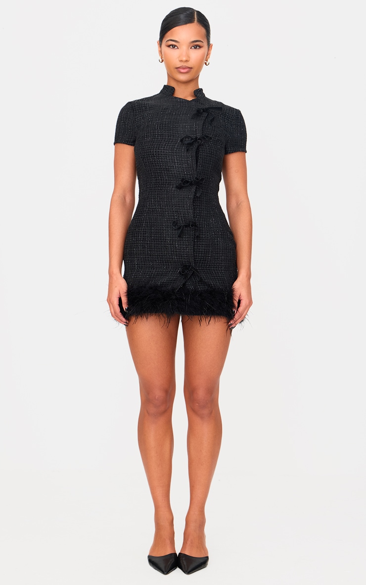 Black Glitter Boucle Feather Trim Mini Dress image 3