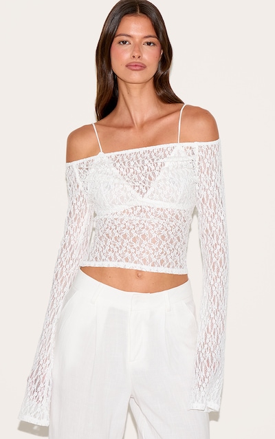White Textured Sheer Lace Bardot Flared Sleeve Long Top