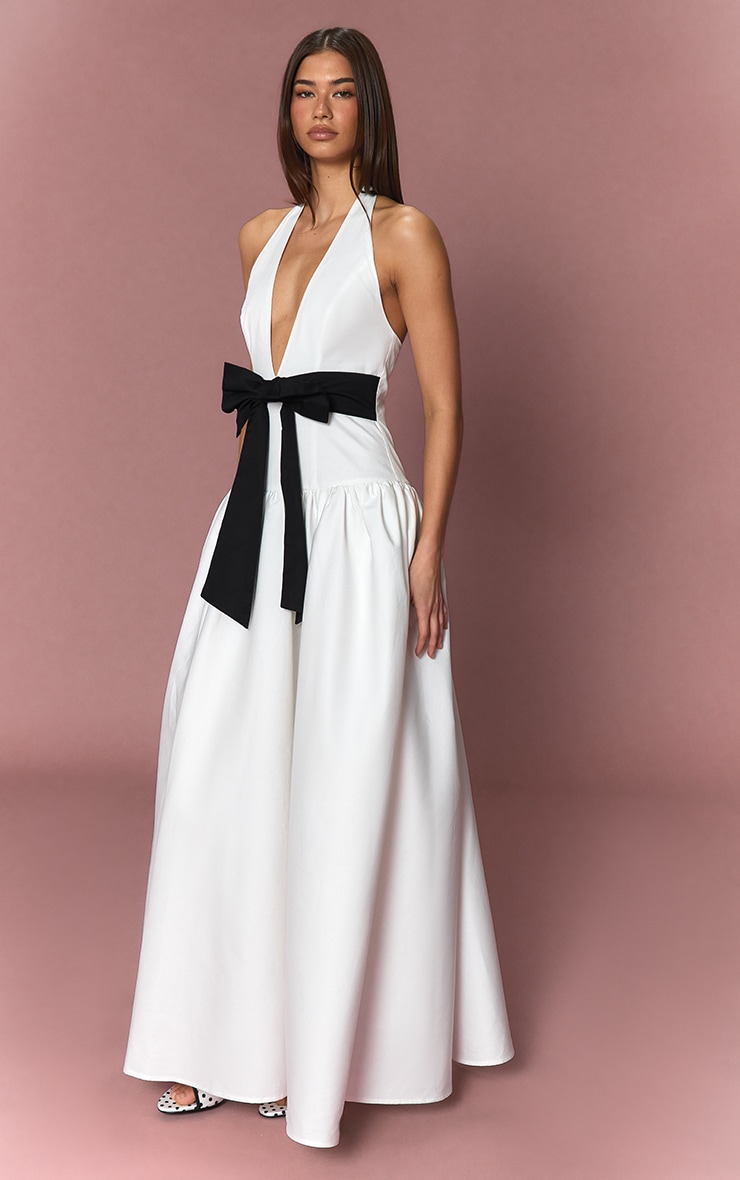 White Woven Bow Detail Skater Maxi Dress image 2