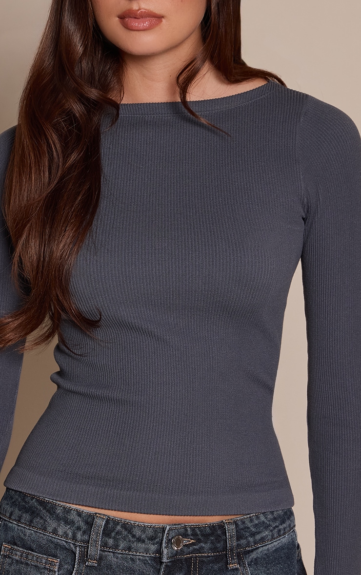 Navy Contour Rib Boat Neck Long Sleeve Top  image 4
