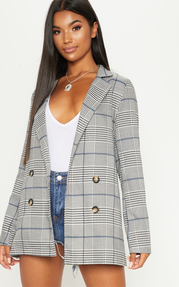 Grey Checked Button Blazer