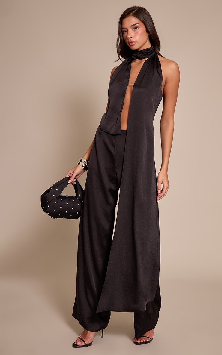 Black Satin Drape Wide Leg Jumpsuit image 3