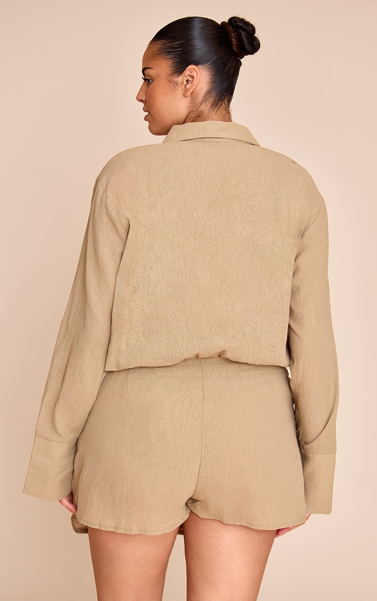 Plus Khaki Linen Look Shirt Style Long Sleeve Skort Playsuit image 2