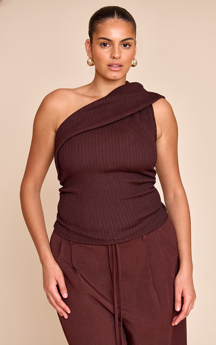 Plus Chocolate Textured Fold Over One Shoulder Long Top
