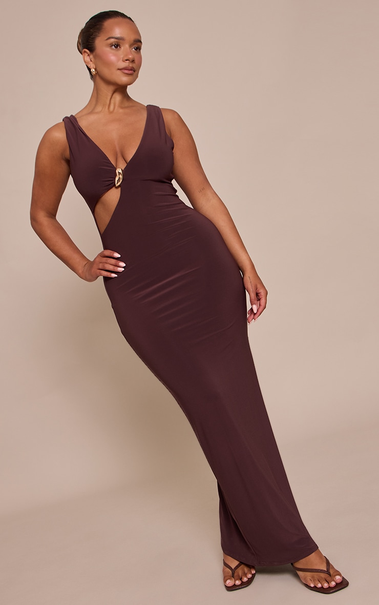 Shape Chocolate Plunge Front Gold Trim Cut Out Maxi Dress image 3