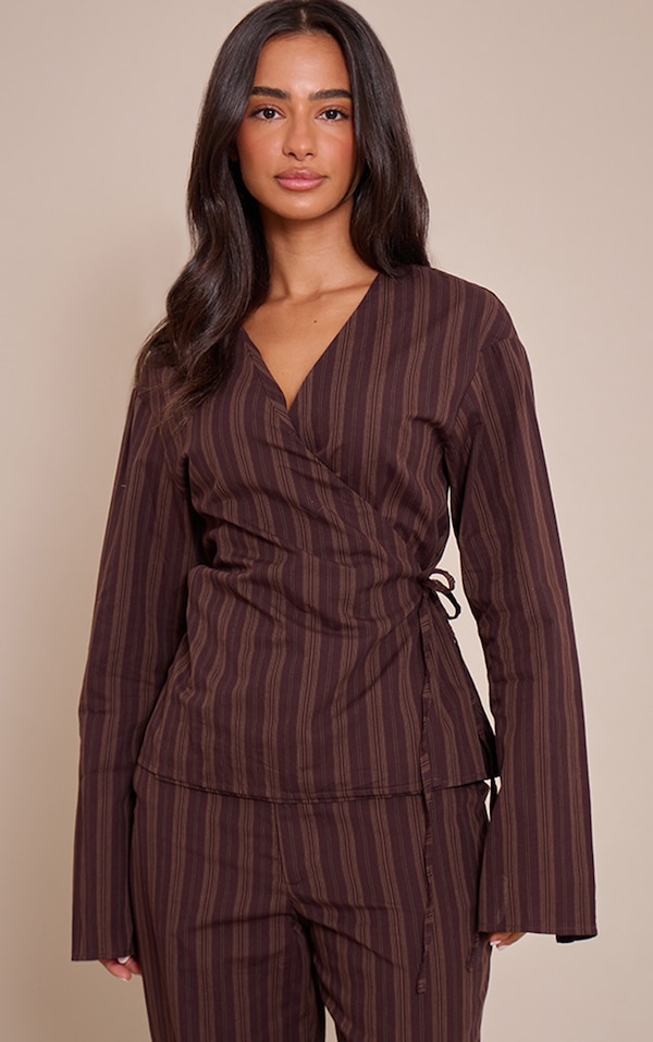 Petite Chocolate Stripe Wrap Long Sleeve Top