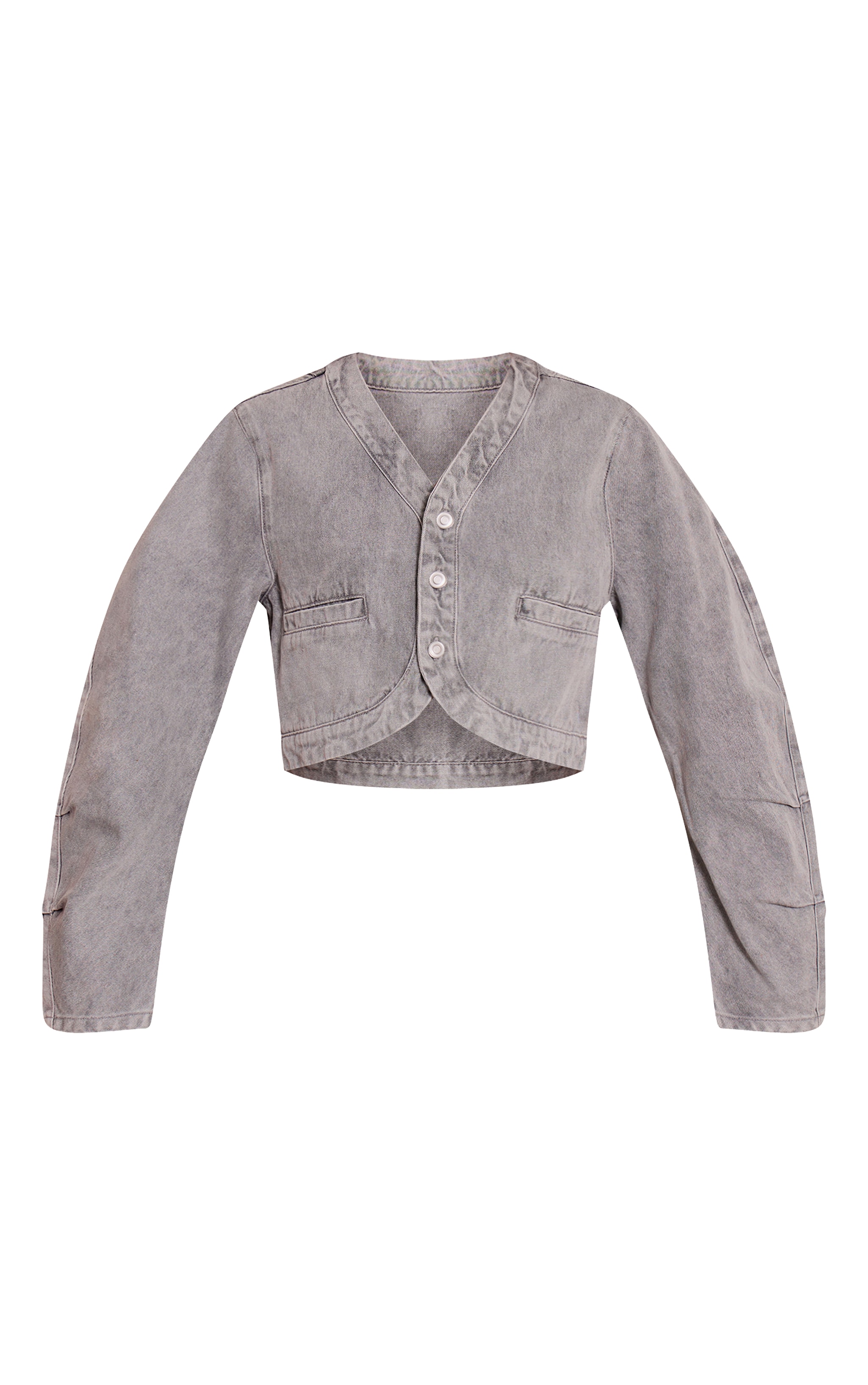 Grey V Neck Curved Hem Cropped Denim Jacket image 5