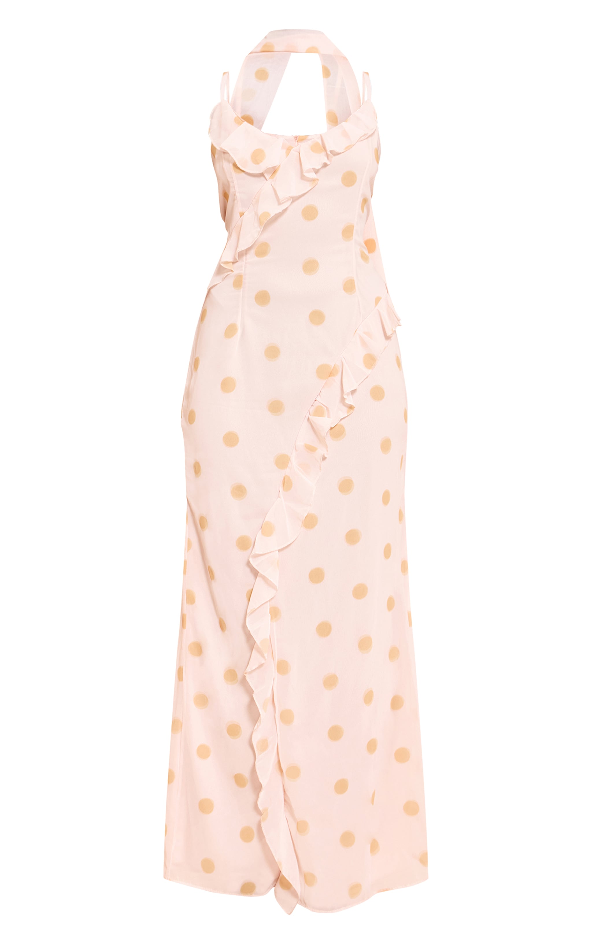 Lemon Polka Dot Printed Chiffon Frill Details Strappy Maxi Dress image 5