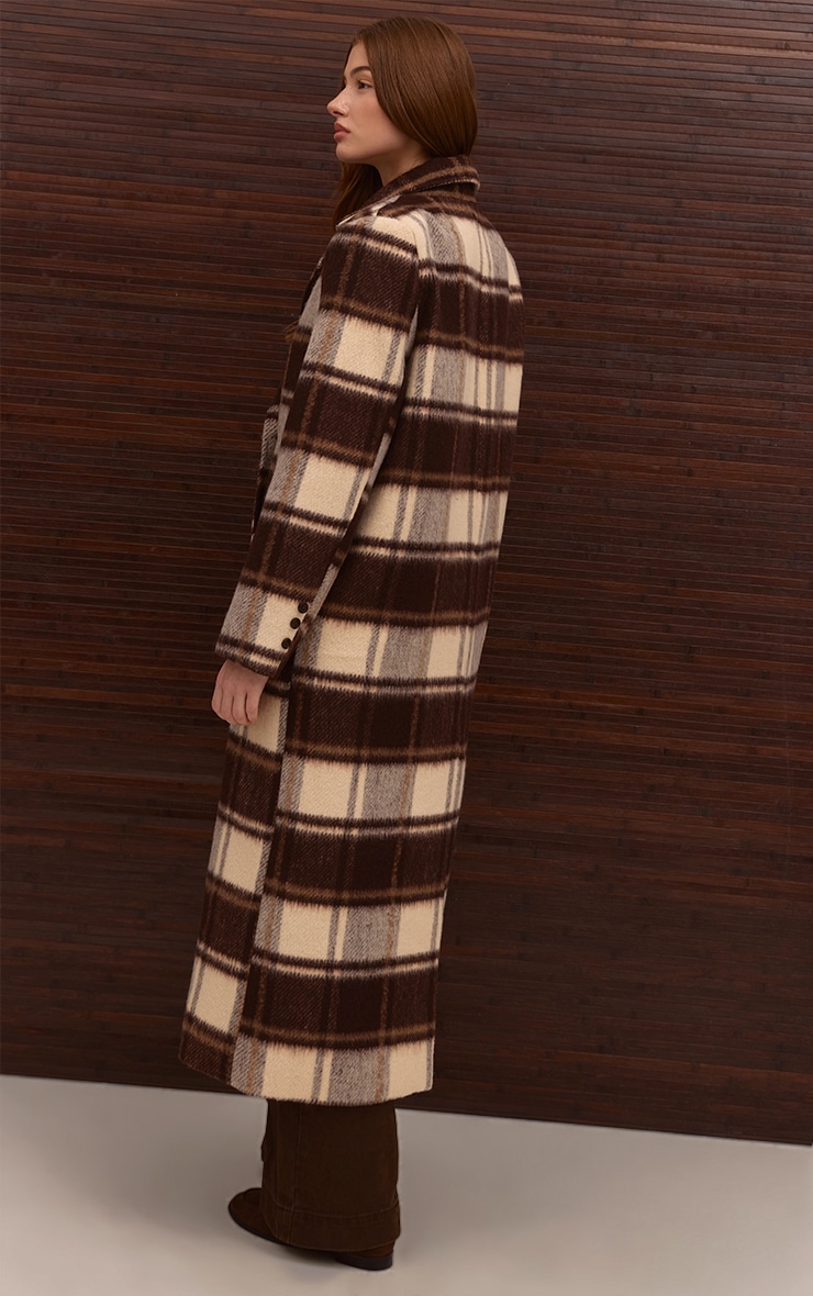 Brown Checked Structured Double Breasted Wool Look Maxi Coat image 3