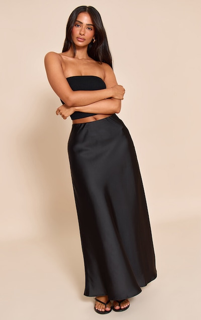 Petite Black Satin Flowy Maxi Skirt
