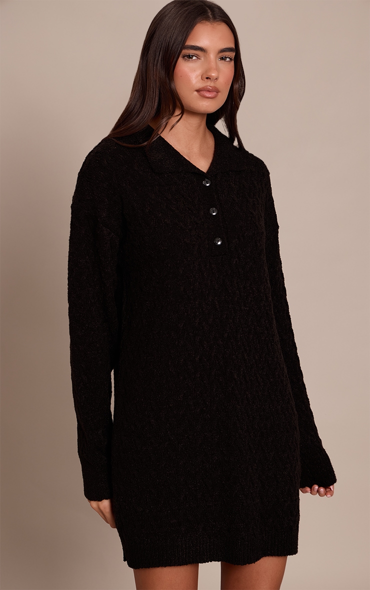 Black Boucle Cable Knit Mini Shirt Dress