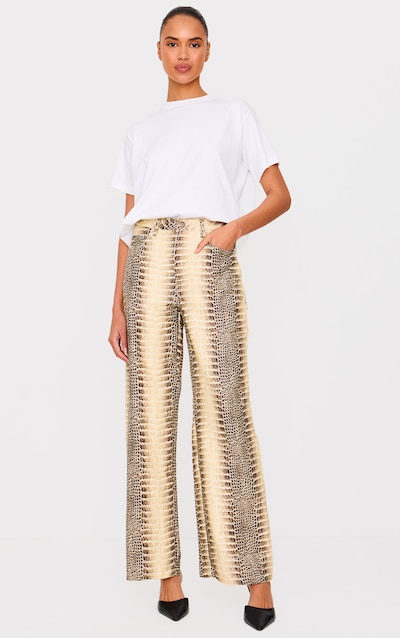 Brown Denim Low Waist Snake Print Wide Leg Jeans