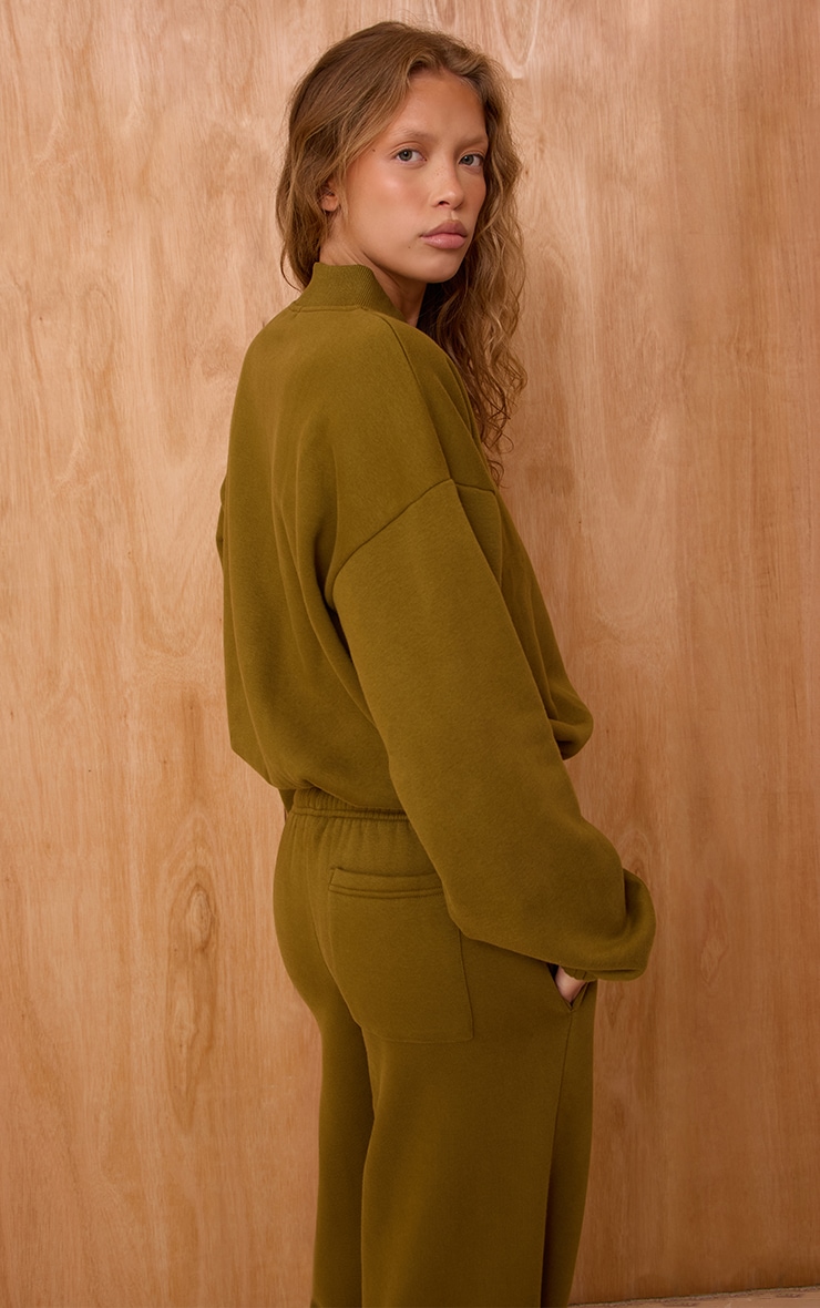 Olive Cotton Fleece Bomber Jacket image 2