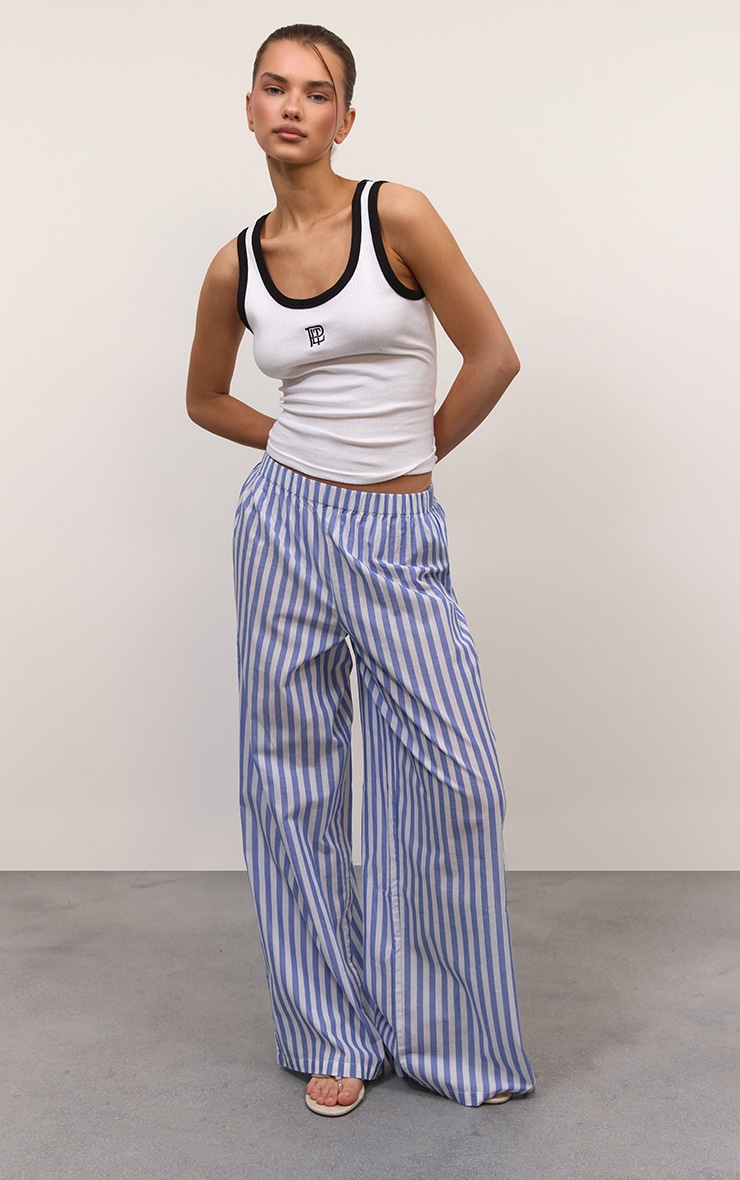 Blue Stripe Cotton Wide Leg Trousers