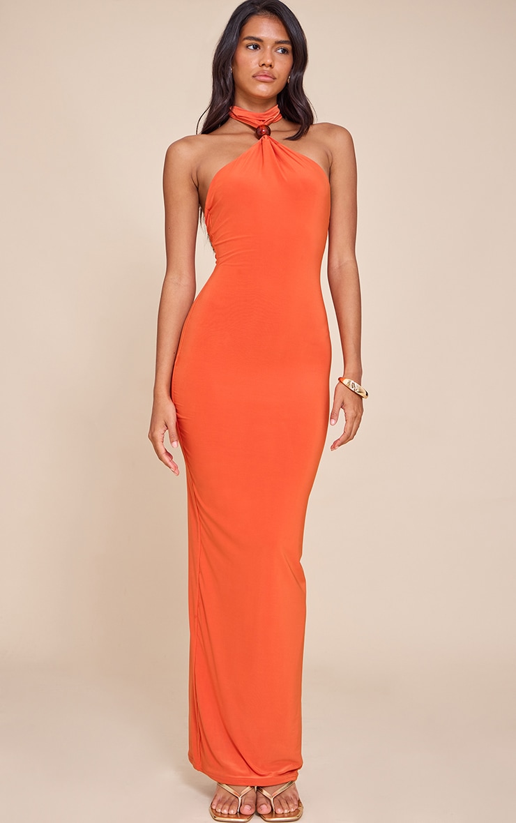 Burnt Orange Slinky Bead Detail Halter Maxi Dress image 1