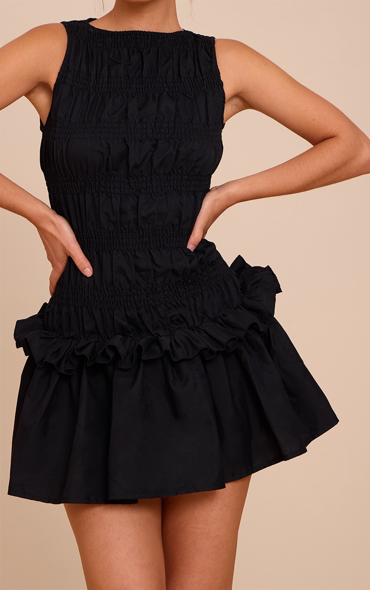 Black Tailored Shirred Frill Shift Dress image 4