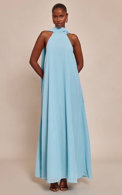 Dusty Blue Chiffon High Neck Scarf Detail Maxi Dress