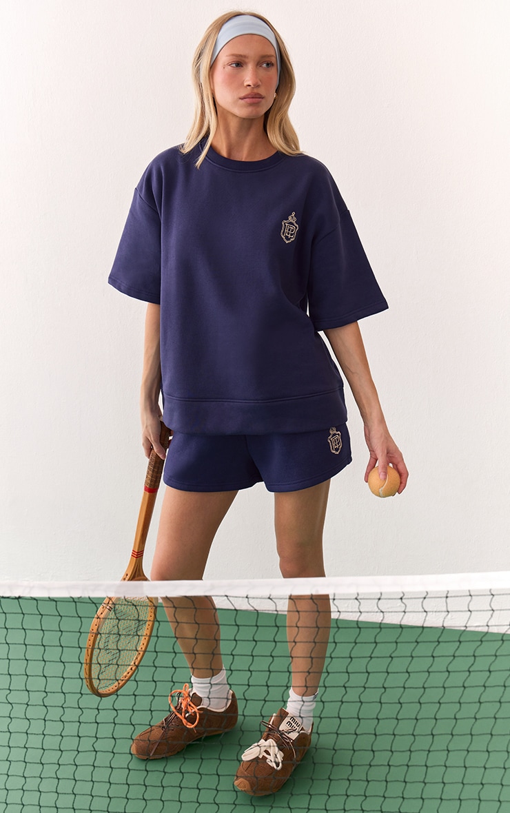 Navy Embroidered Emblem Sweat Shorts image 3